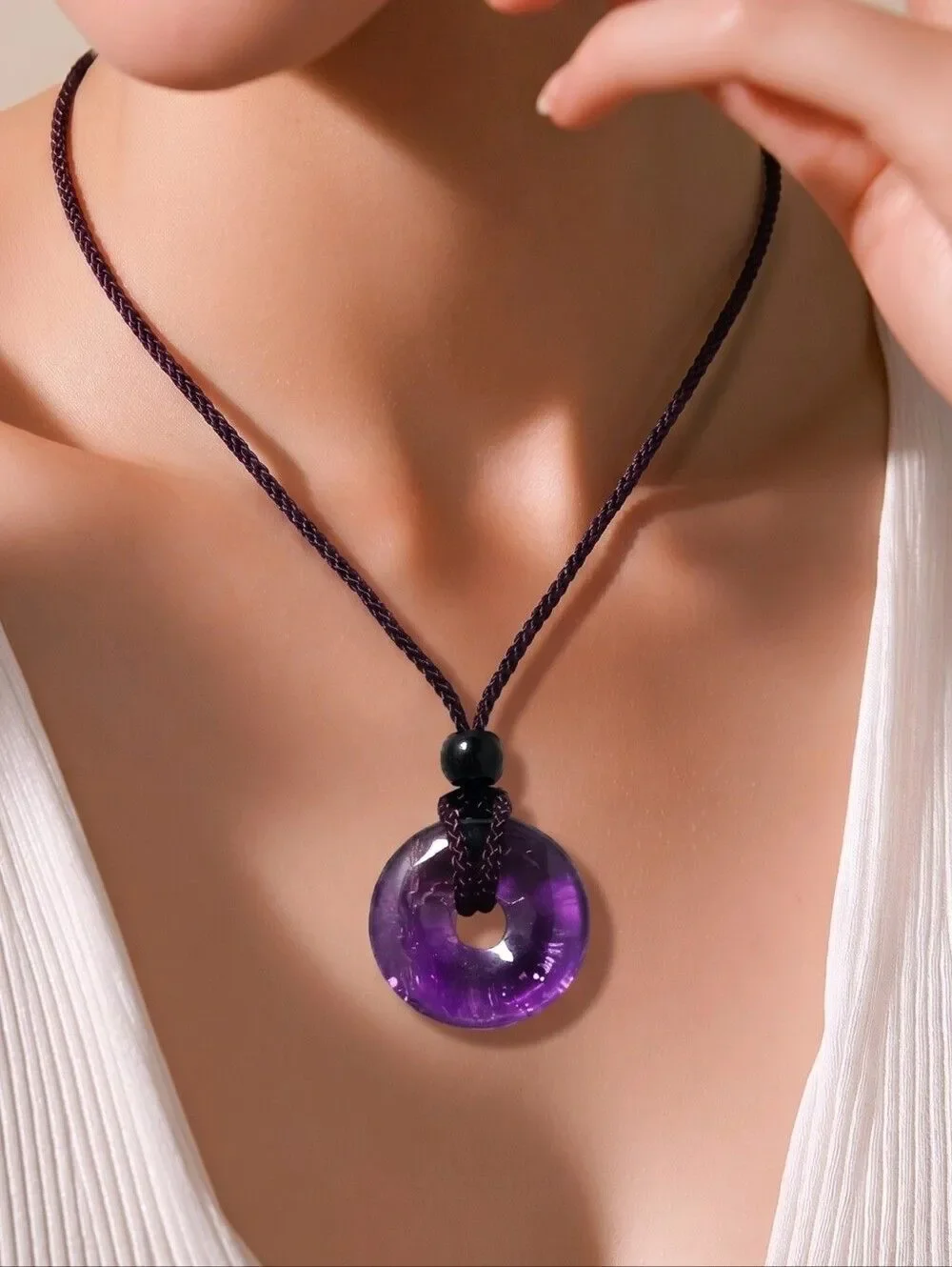 Amethyst Donut Pendant Necklace Purple Crystal Pi Stone Spiritual Jewelry Fairy